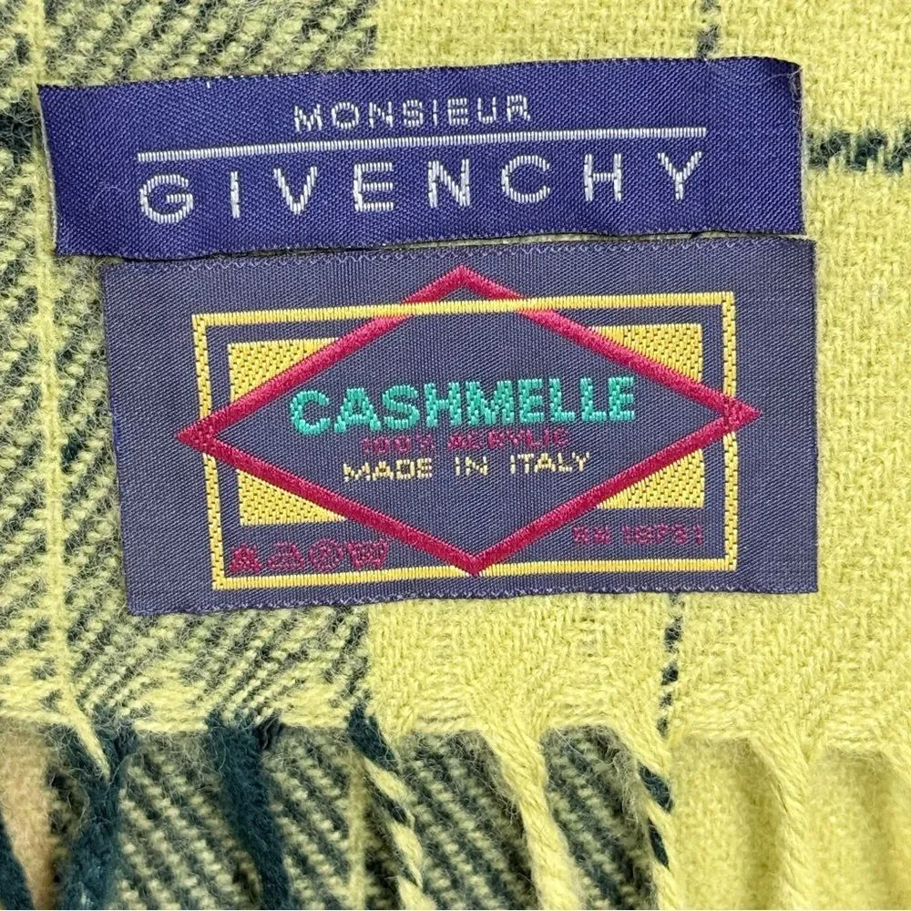 Givenchy Green Black Plaid Cashmere Blend Scarf 50”